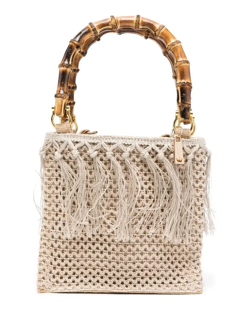 La Milanesa Flora" Fringe And Knit Bag Beige