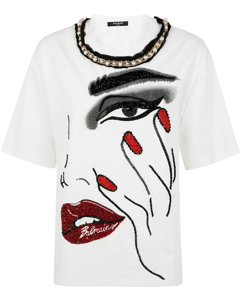 Balmain Pearls Chains Details Partial Face T-Shirt White