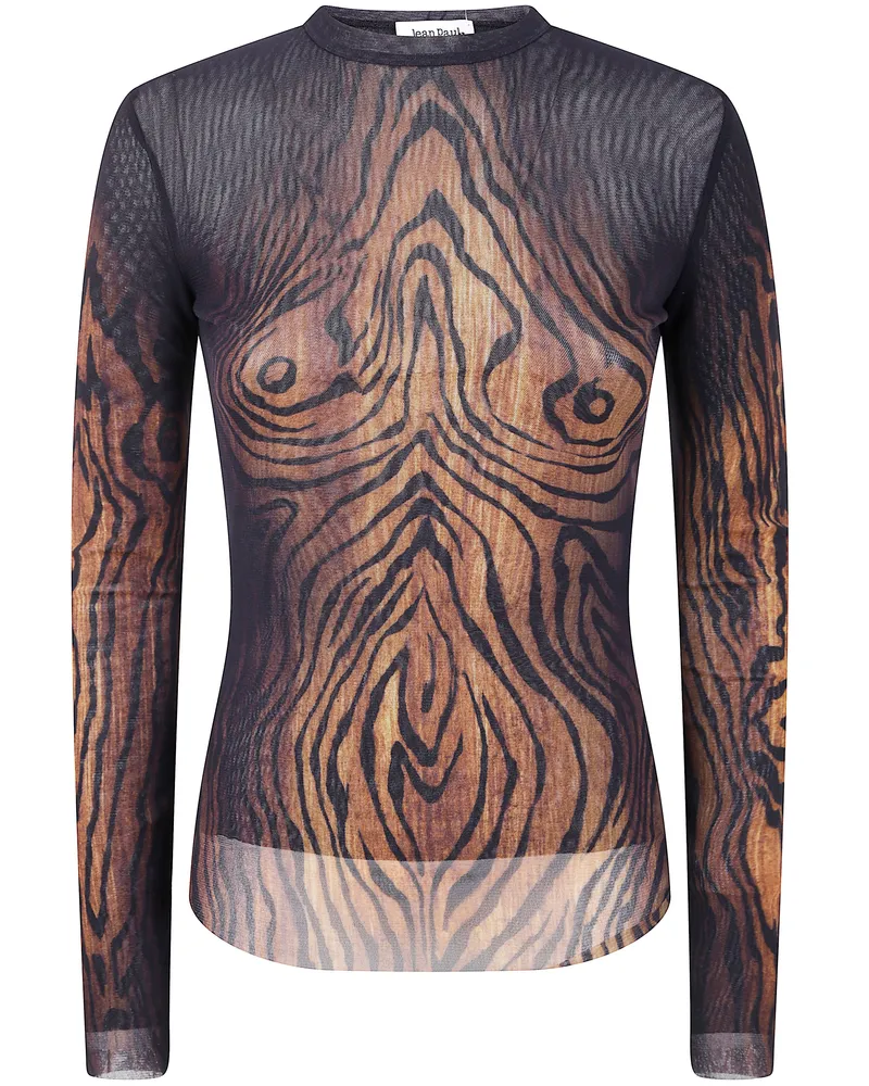 Jean Paul Gaultier Mesh Long Sleeves Top Printed "Wood Black