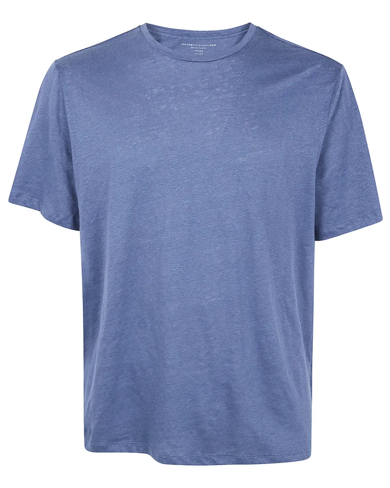 Majestic Solid Color Short Sleeves Round Neck Sweater Blue