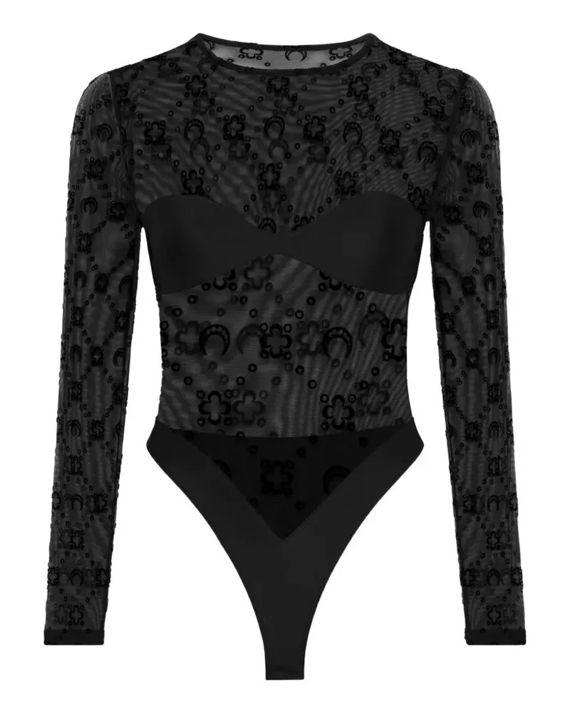 Marine Serre Moonogram Mesh Flock Long Sleeves Bodysuit Top Black