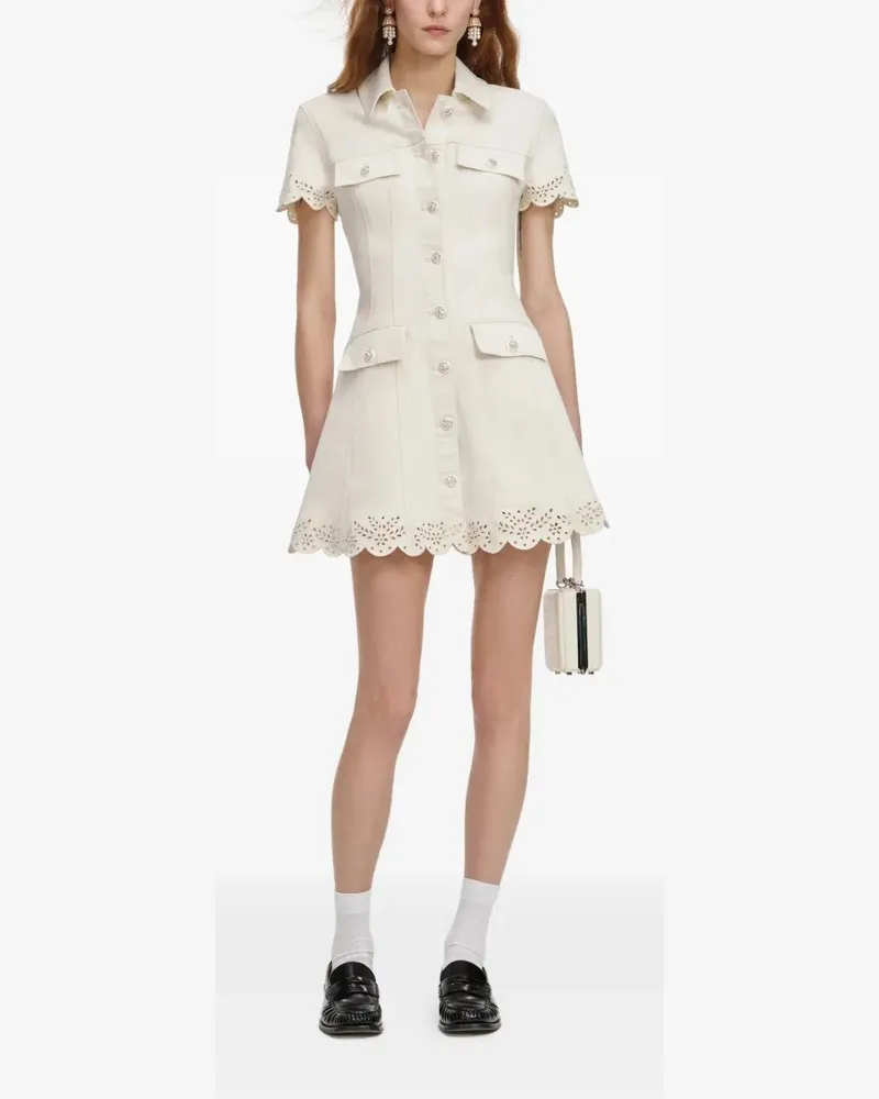 Self-Portrait Cream Broderie Denim Mini Dress Beige