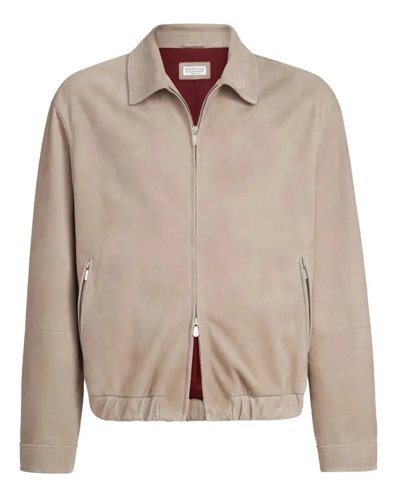 Brunello Cucinelli Vintage Leather Bomber Jacket Beige