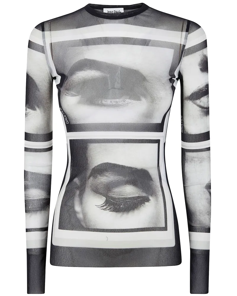 Jean Paul Gaultier Re-Edition: Mesh Longsleeve Top Printed "Eyes And Black