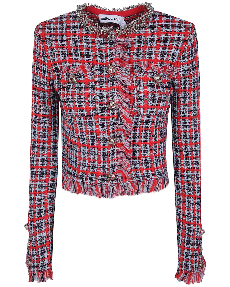 Self-Portrait Jacket Frayed Knit "Red Check Black