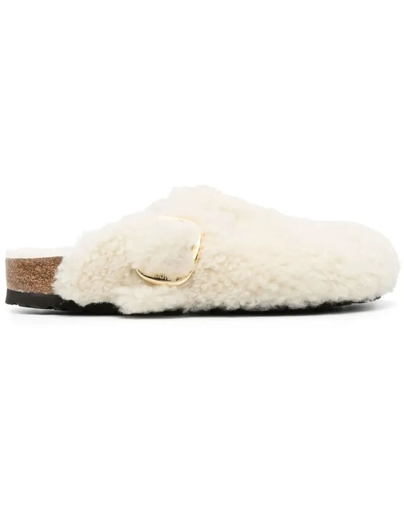 Birkenstock Boston" Big Buckle Shearling Teddy Slippers White