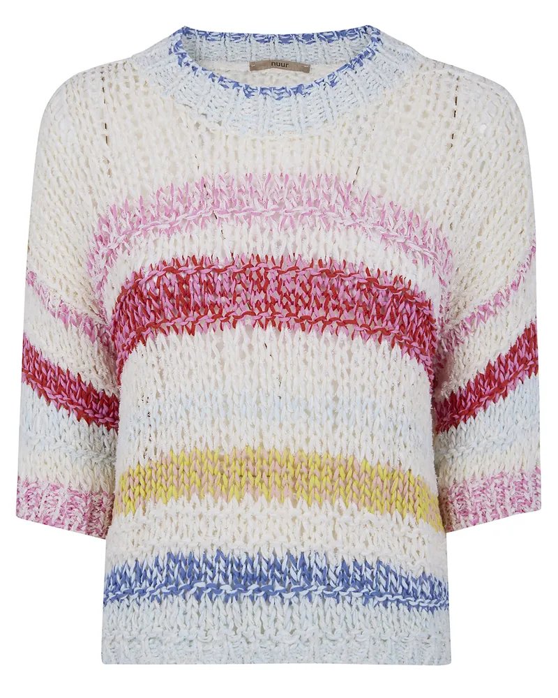 Nuur Short Sleeves Multicolor Stripes Round Neck Sweater Beige