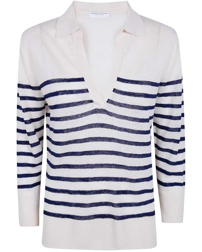 Majestic Oversized Linen 100 Stripes Polo Shirt Blue