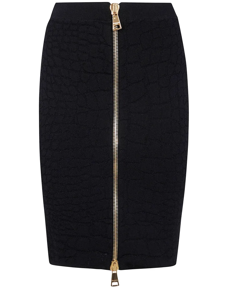 Balmain Hw Zipped Croco Knit Knee Lenght Skirt Black