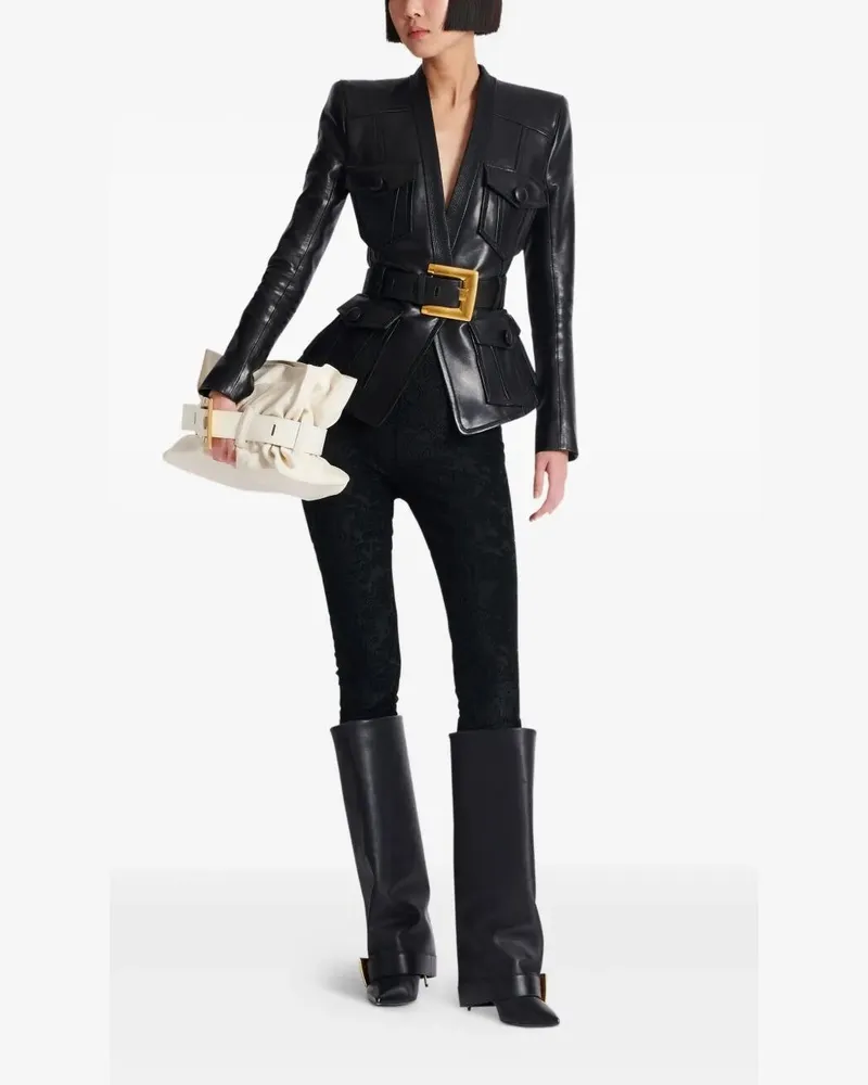 Balmain 4 Pockets" Belted Fitted Lambskin Jacket Black