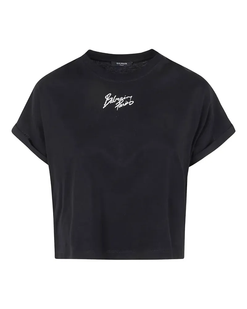 Balmain Short Sleeves "Balmain Paris" Cropped T-Shirt Black