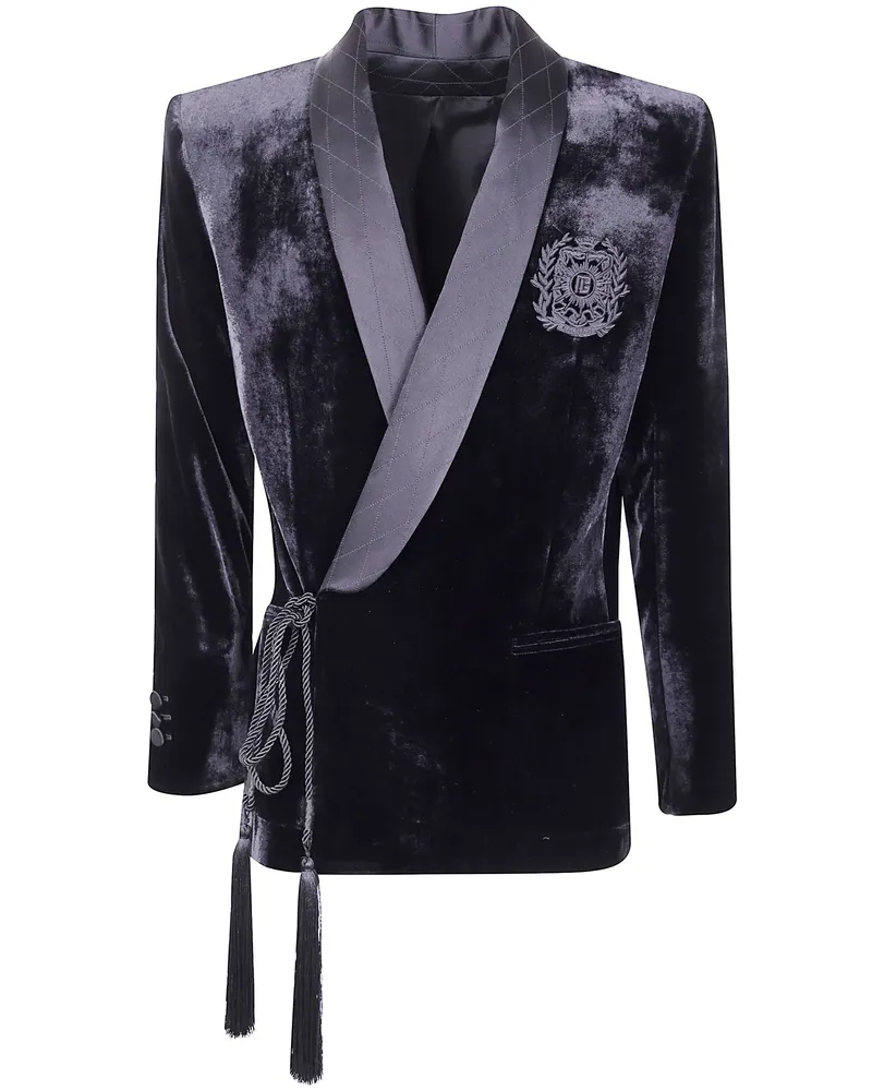 Balmain Velvet & Satin Side Belted Jacket With Tassel Black