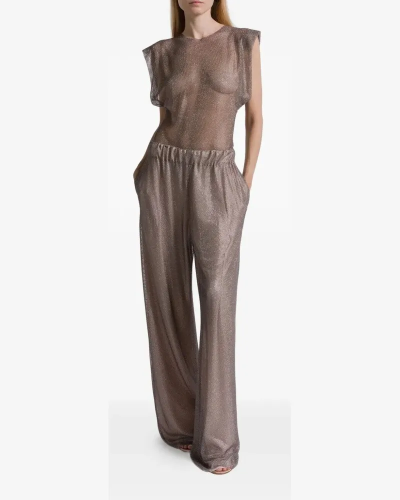 Alberta Ferretti Wide Leg Crystals Net Trousers Gray