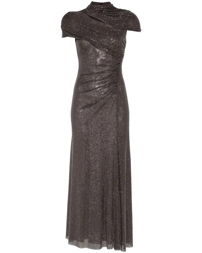 Self-Portrait Slate Rhinestone Mesh Cut Out Midi Dress By Self-Portrai Gray