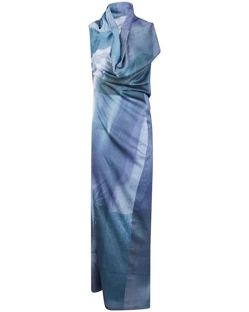 Jean Paul Gaultier Printed Long Sleeveless Satin Dress With Cuffling D Blue
