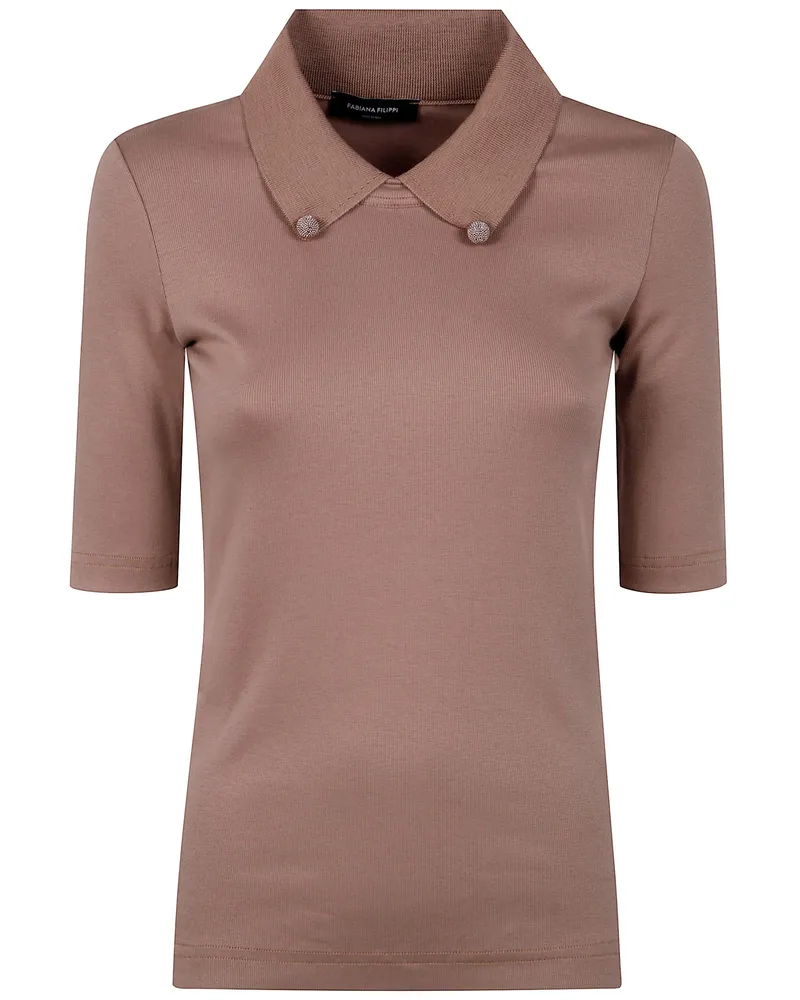 Fabiana Filippi Short Sleeve T-Shirt With Knit Collar And Pins Beige