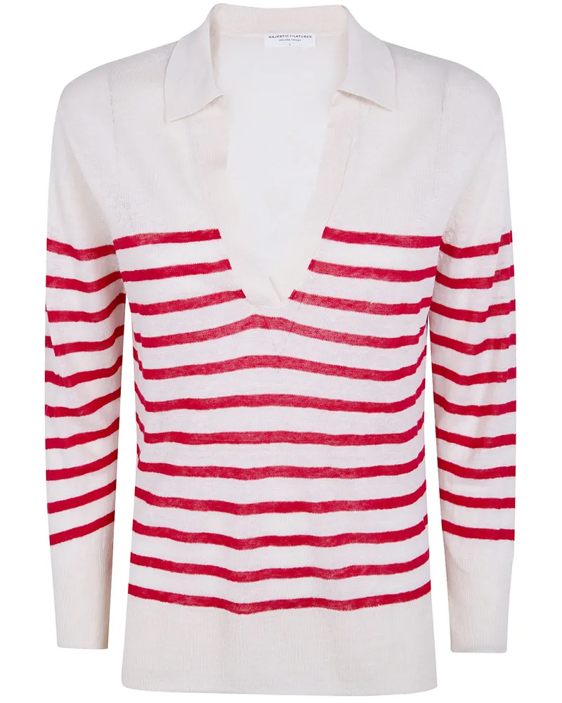 Majestic Oversized Linen 100 Stripes Polo Shirt Red