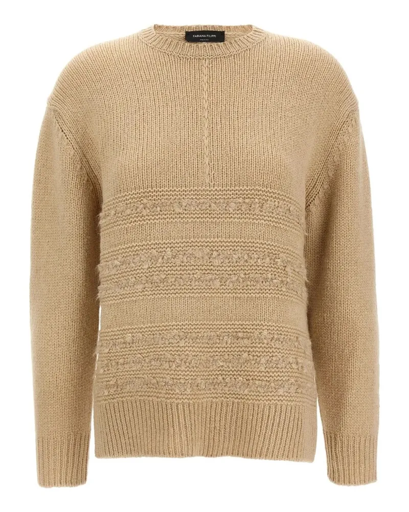Fabiana Filippi Crew Neck Sweater With Boucle` Stripe Detail Beige