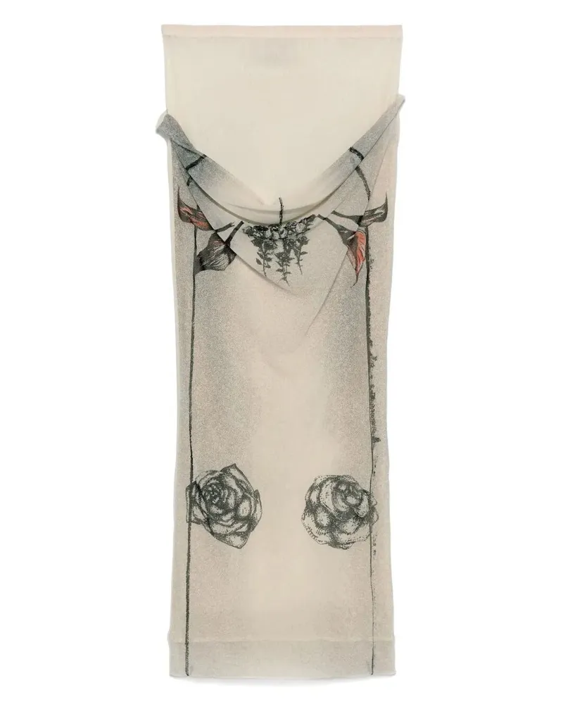 Jean Paul Gaultier Mesh Skirt Double Layer Printed "Tattoo Rose & Bird Beige