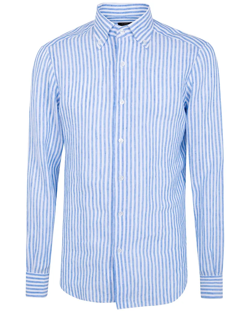 BARBA Classic Linen Large Stripes Shirt Blue
