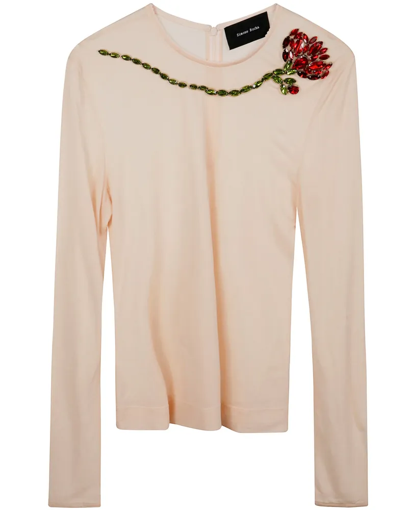 Simone Rocha Sheer Fitted Ballet Mesh Top With Embroidered Beige