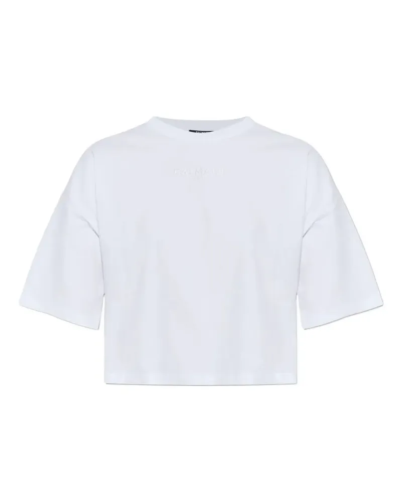 Balmain Small "Balmain Paris" Emb Cropped T-Shirt White
