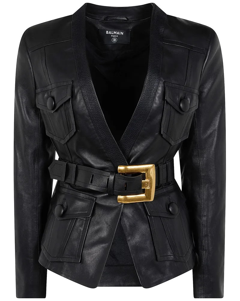 Balmain 4 Pockets" Belted Fitted Lambskin Jacket Black