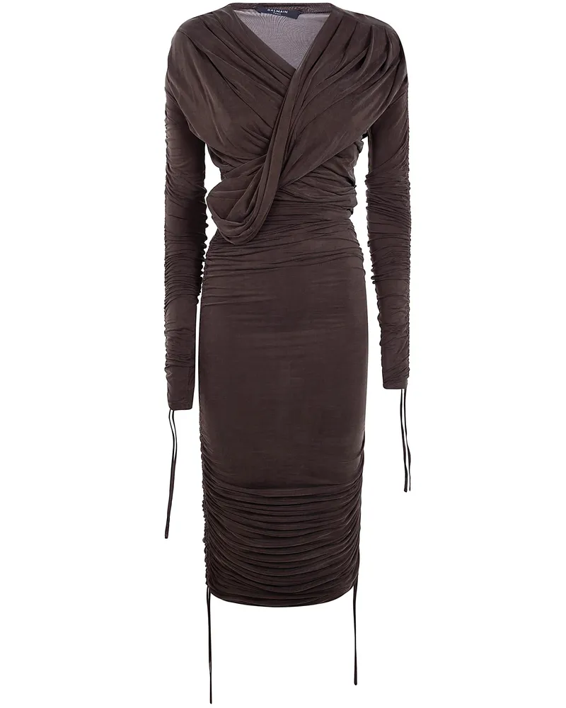 Balmain Long Sleeves Draped Jersey Cupro Mid Dress Brown
