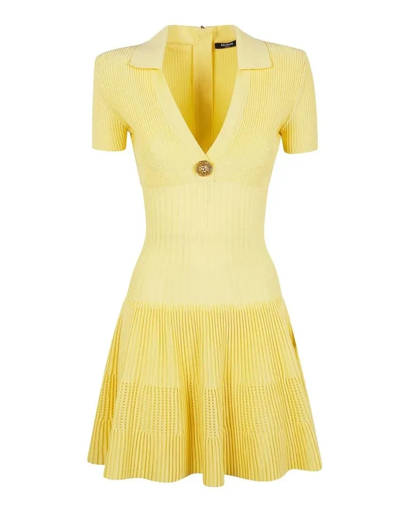 Balmain Short Sleeves "Flechage" Knit Flare Short Dress Yellow