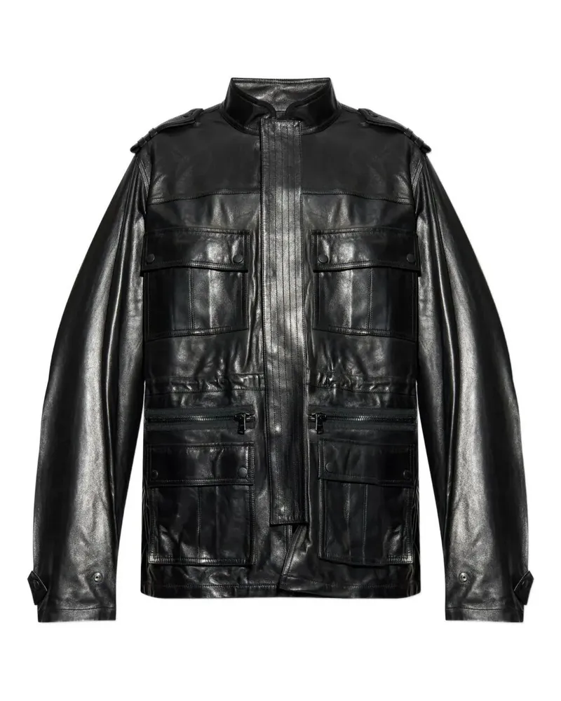 Balmain Lambskin Leather Mid Length Parka Black