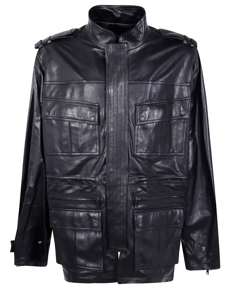 Balmain Lambskin Leather Mid Length Parka Black