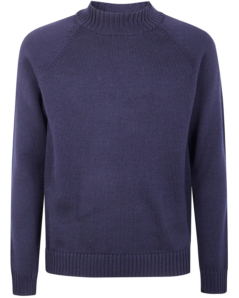 Zanone Stockinette Stitch Slim Fit Raglan Sleeved Mock Neck Sweater Blue
