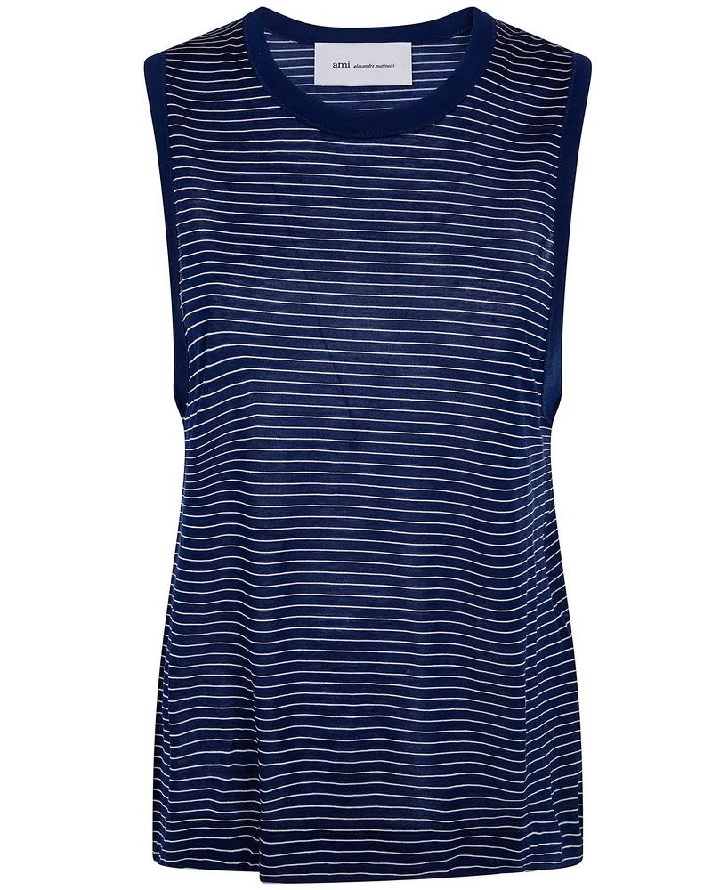AMI Paris Classic Fit Striped Tank Top With "Ami De Coeu Blue