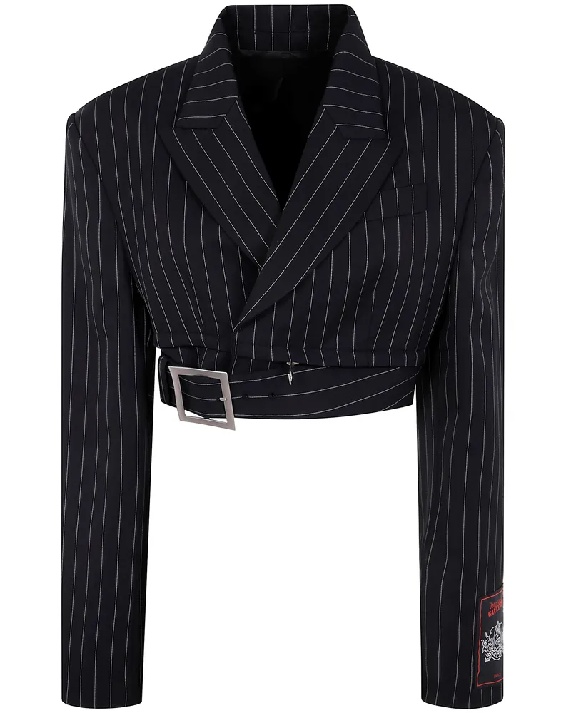 Jean Paul Gaultier Pinstripe Wool Cropped Tailored Jacket With Zip Off Black