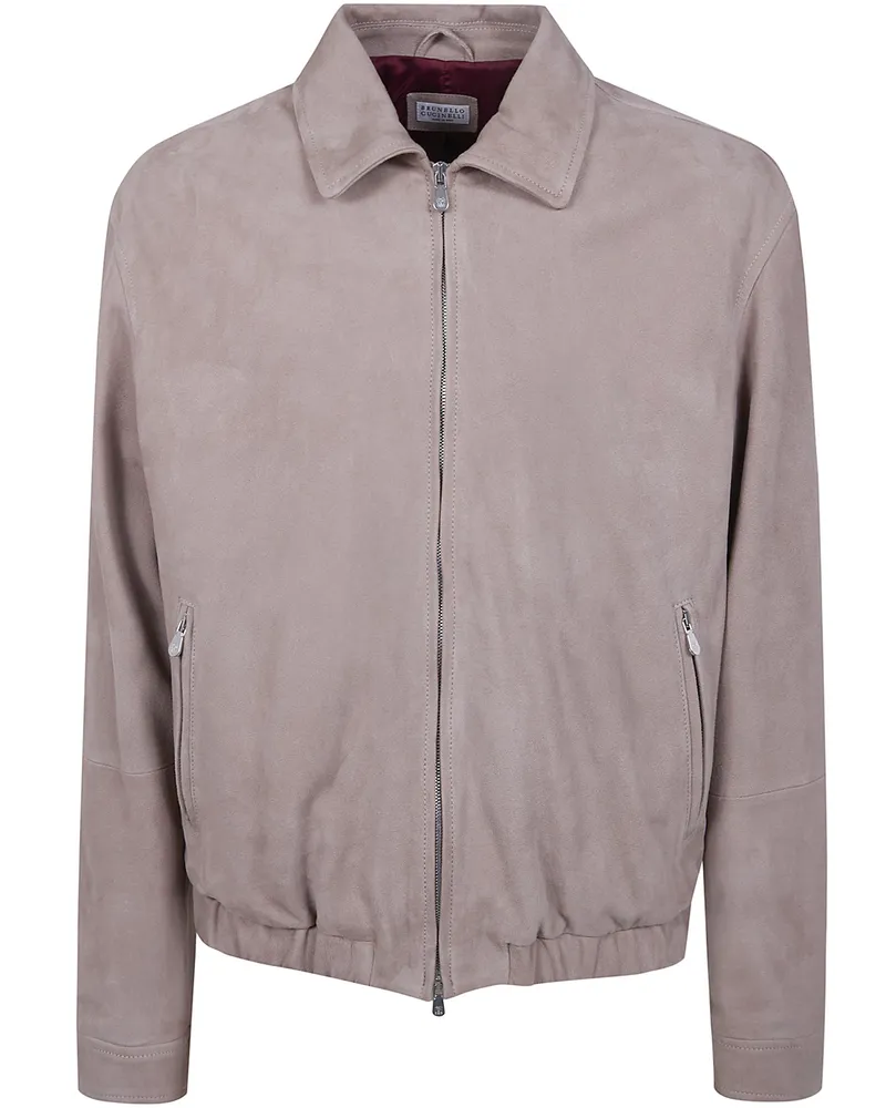 Brunello Cucinelli Vintage Leather Bomber Jacket Beige