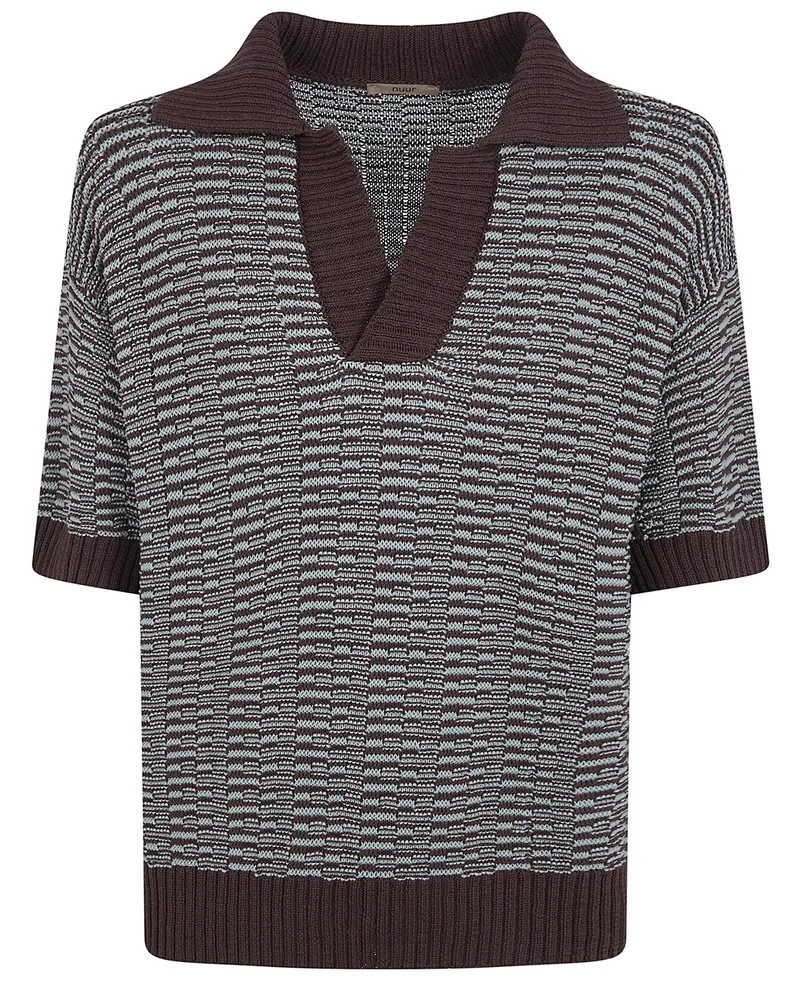 Nuur Two Tone Striped Short Sleeved Polo Neck T-Shirt Brown