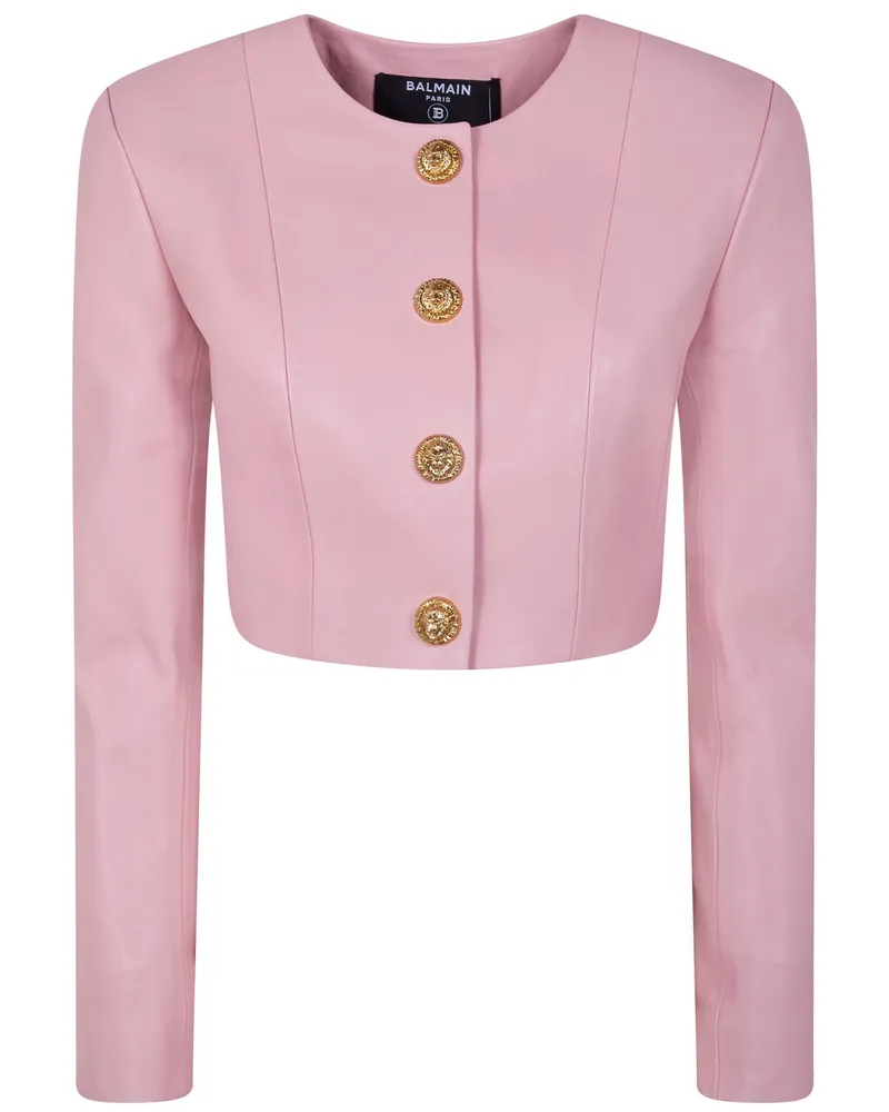 Balmain Long Sleeves Buttoned Lambskin Cropped Jacket Pink