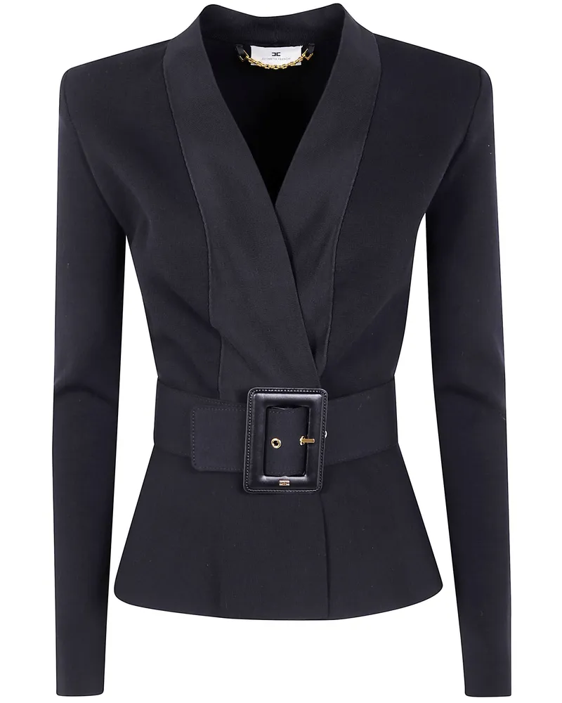 Elisabetta Franchi Belted V Neck Tricot Sweater Black
