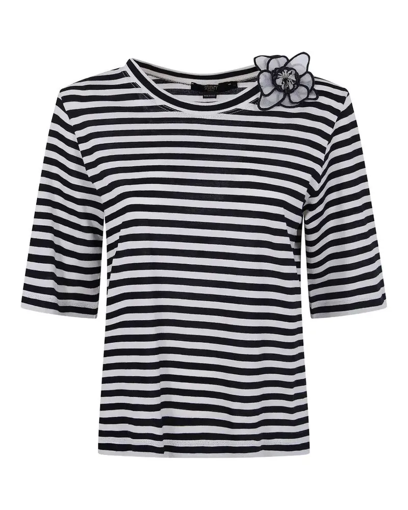 Seventy Cotton Jersey Stripes Boat Neck Flower T-Shirt Black