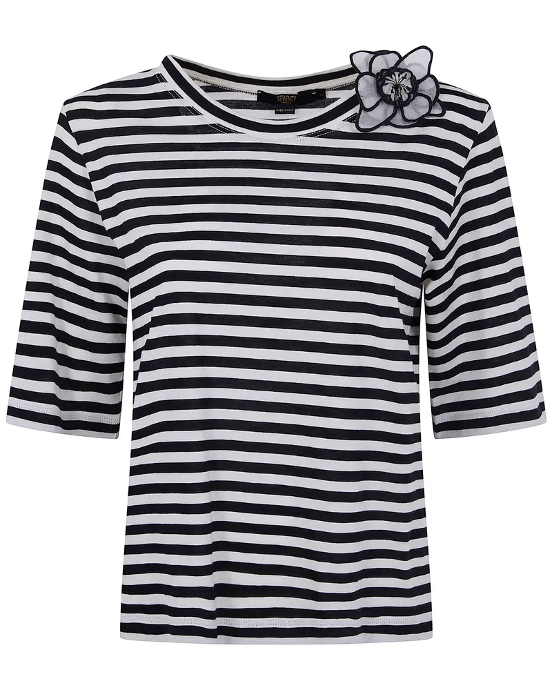 Seventy Cotton Jersey Stripes Boat Neck Flower T-Shirt Black