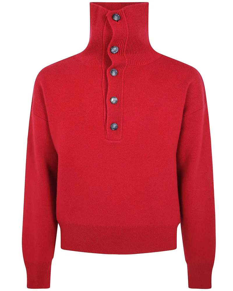 AMI Paris Sweater High Buttoned Collar Red