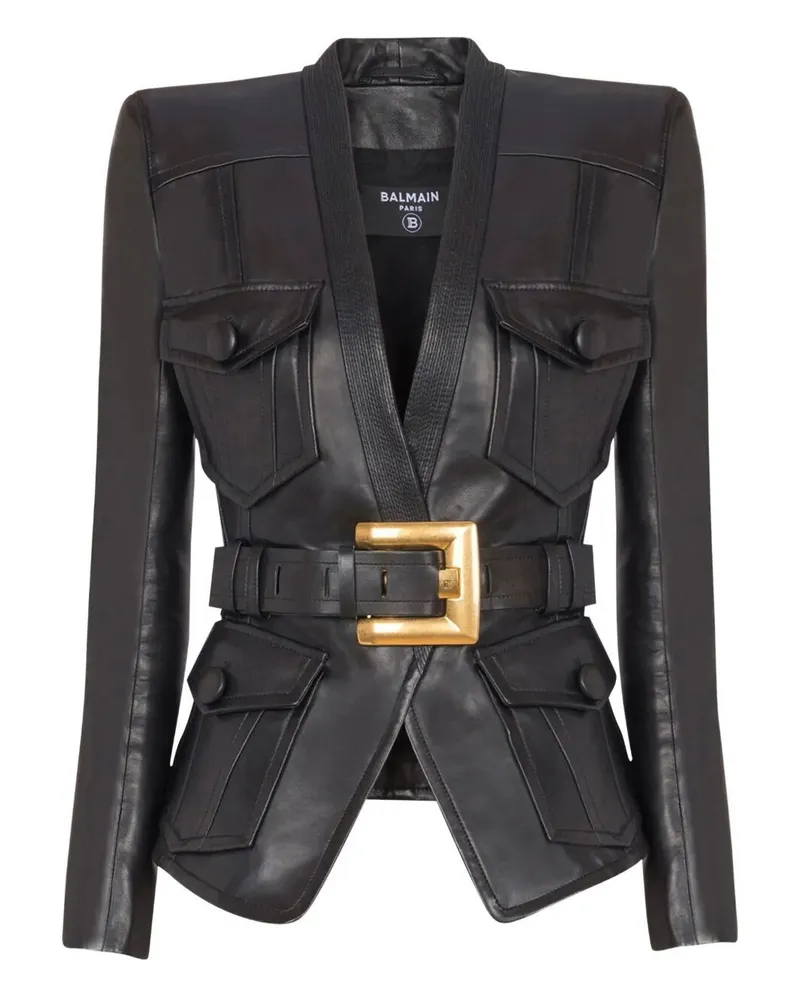 Balmain Belted 4 Pokets Fitted Lambskin Jacket Black