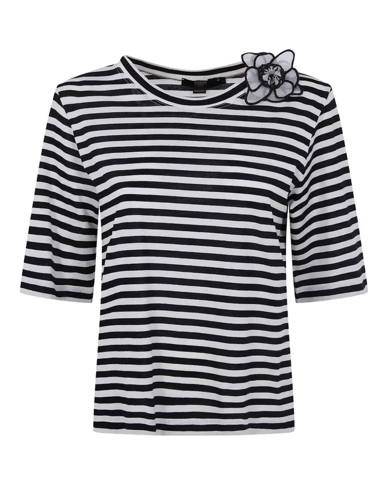 Seventy Cotton Jersey Stripes Boat Neck Flower T-Shirt Blue