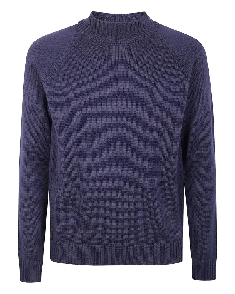 Zanone Stockinette Stitch Slim Fit Raglan Sleeved Mock Neck Sweater Blue