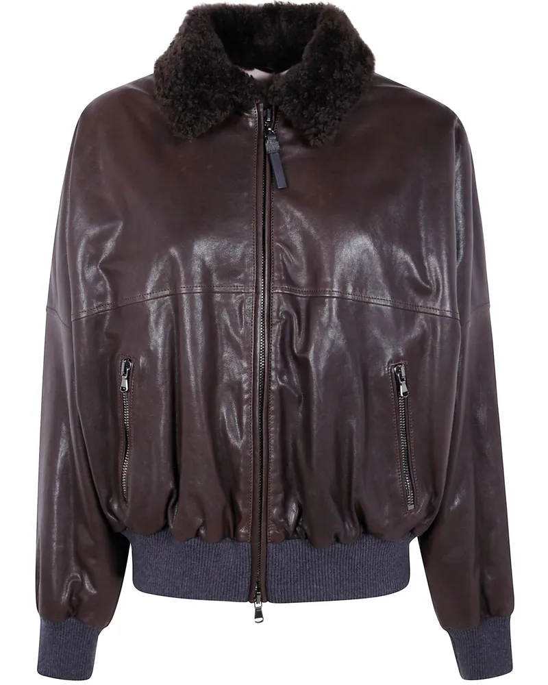 Brunello Cucinelli Leather Bomber Jacket Brown