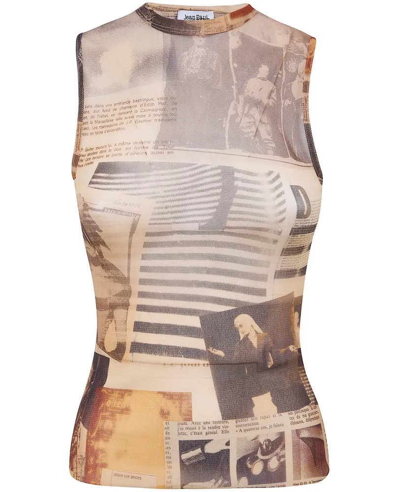 Jean Paul Gaultier Mesh Tank Top Printed "Journal Beige
