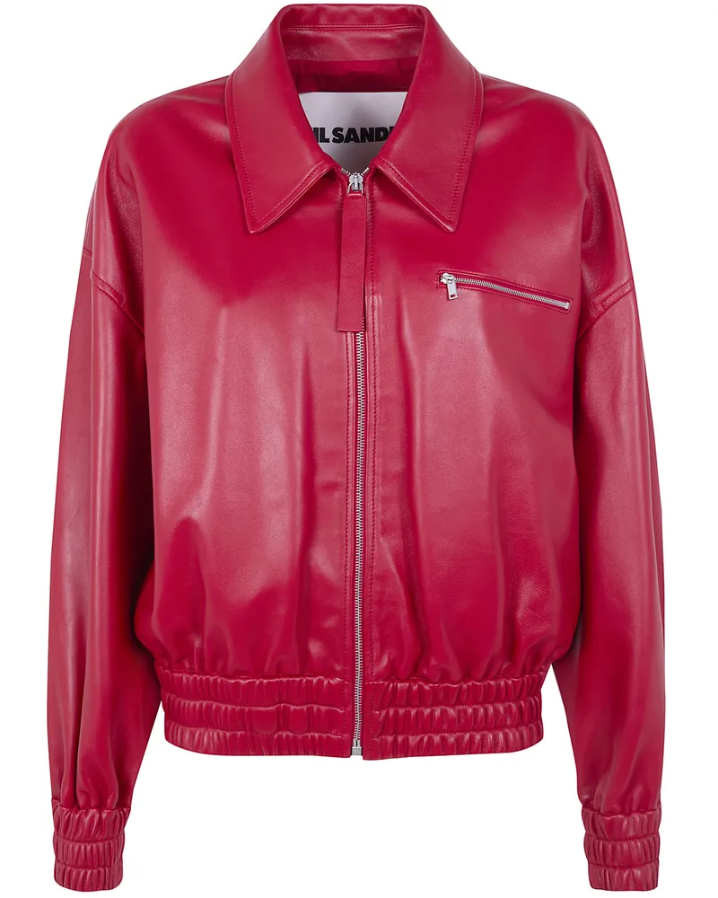 Jil Sander Classic Bomber Leather Jacket Red