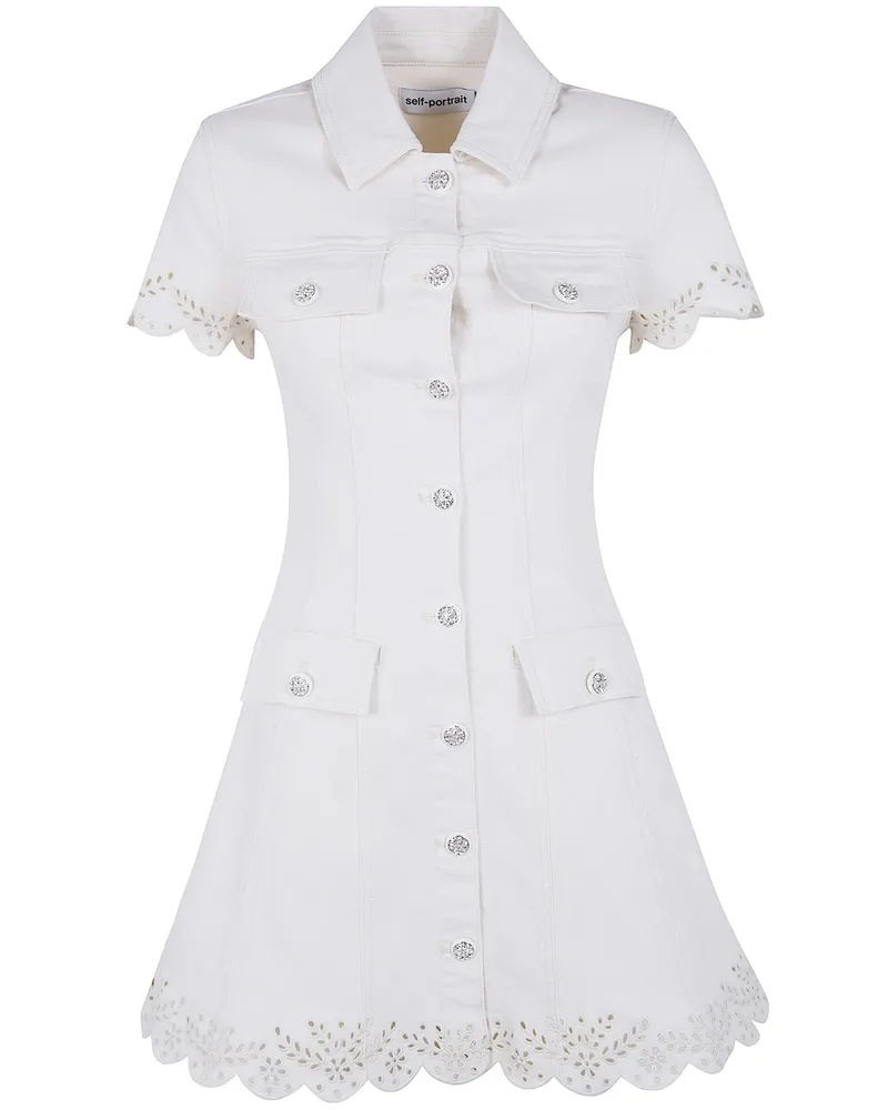 Self-Portrait Cream Broderie Denim Mini Dress Beige