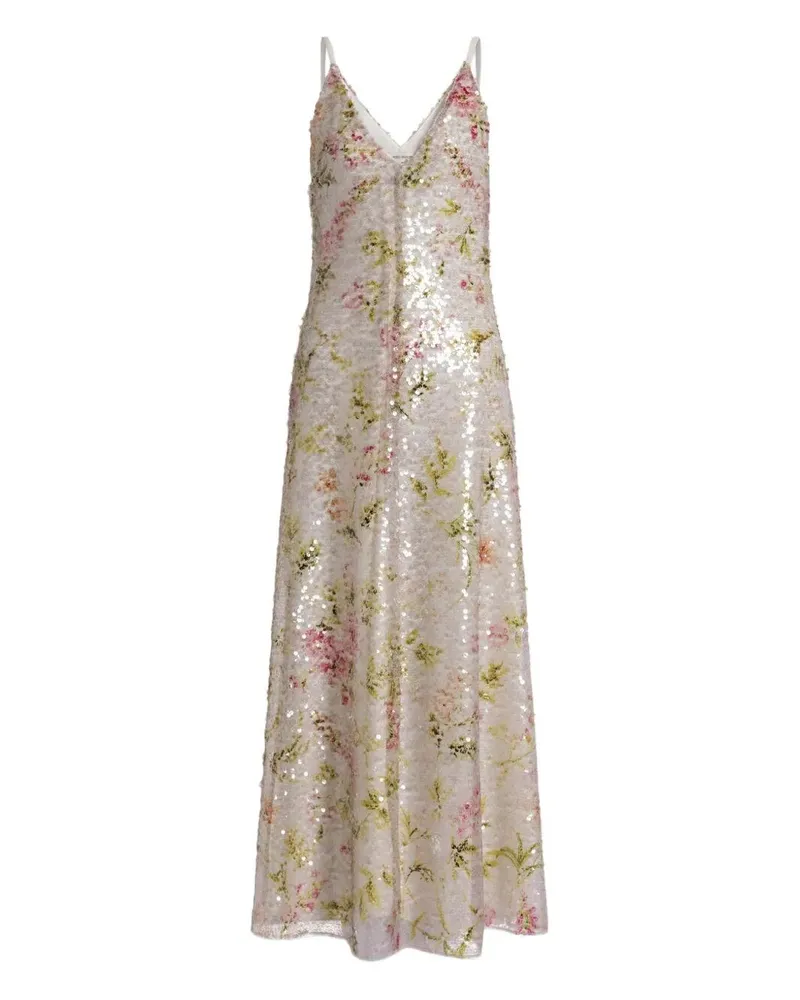 Alberta Ferretti Printed Sequins Long Dress Beige