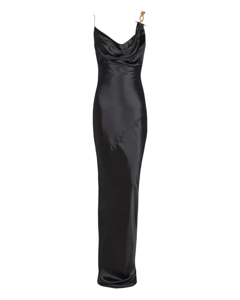 Balmain Thin Straps Gold Detail Satin Dress Black